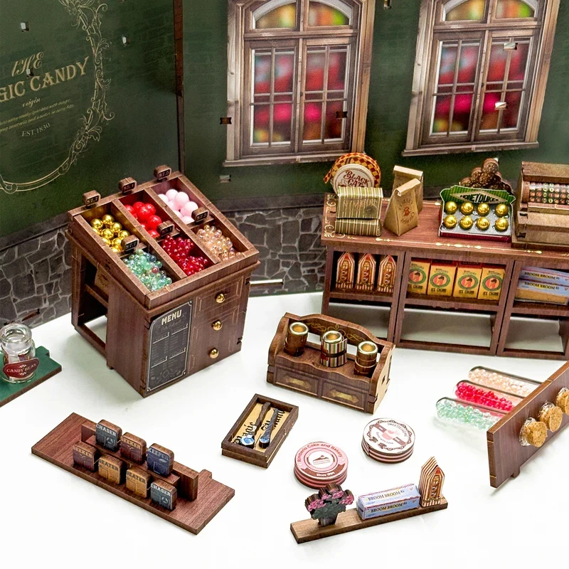 

OUZEY DIY Wooden Magic Candy Shop Book Nook Shelf Insert Miniature Model Kit with LED Lights Bookend for Friends Birthday Gift