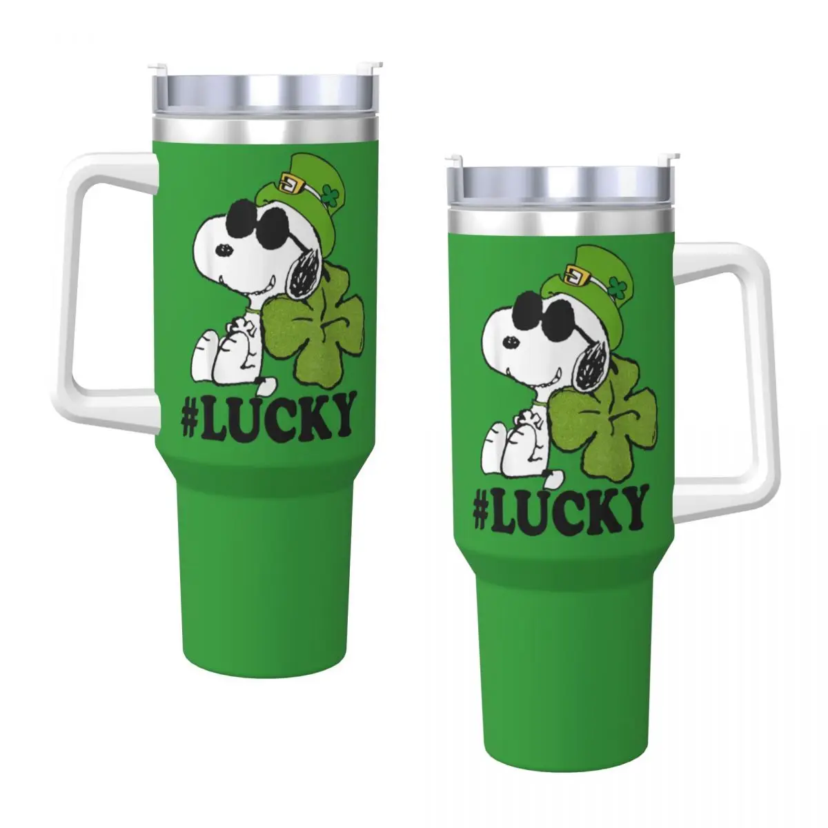 Peanuts St. Patrick's Snoopy Lucky Clover Stainless Steel Tumbler Travel Coffee Mug With Straws and Lid Large Capacity Car Mugs