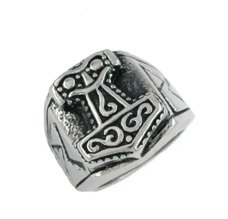 Tribal Symbol Myth Thor Hammer Ring Stainless Steel Norse Viking Rune Skull Biker Men Jewelry Gift SWR0758 view 6