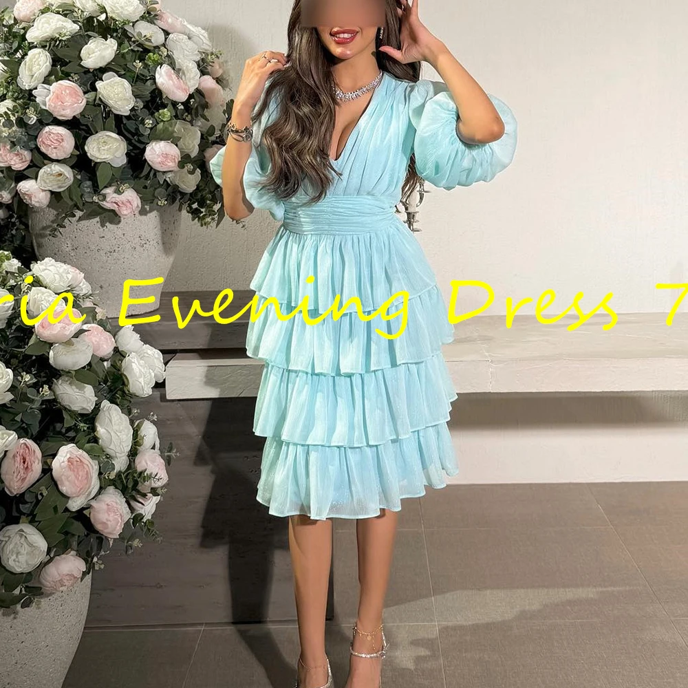 Customized Modern A-Line Knee Length V-Neck Chiffon Half Sleeves Pleats Evening Dress Elegant Photo Color vestidos para mujer