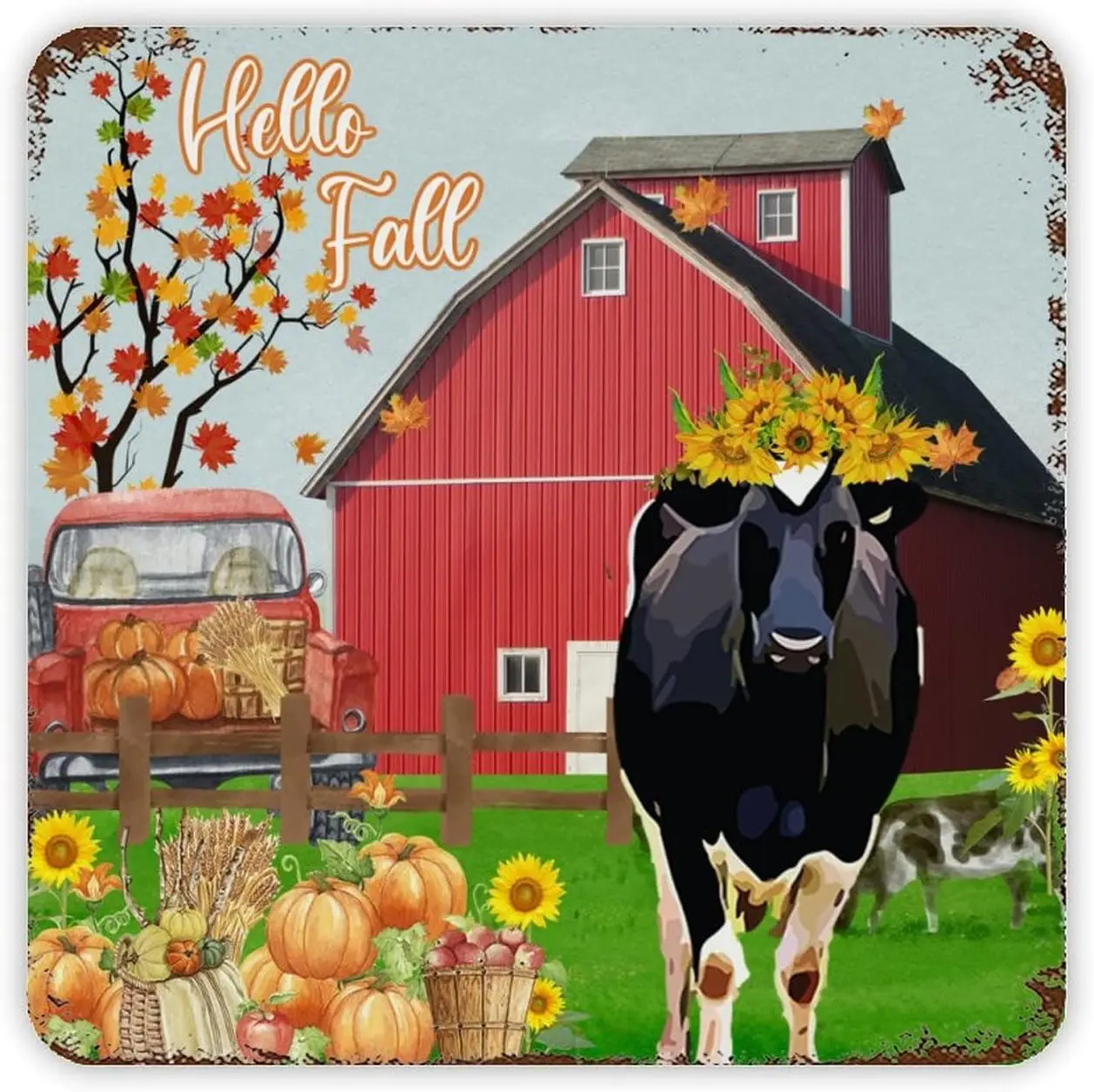 Maple Barn Truck Pumpkin Tin Plaque Hello Fall Cow with Sunflower Metal Plaque Rust Autumn Welcome Sign Thanksgiving Day