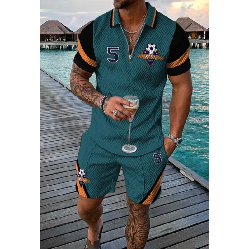 

Men's Summer Casual Red Polo Shirt Set Male Fashion Tracksuit Solid Color Suit Trun Down Collar Zipper Clothing Vintage Outfit