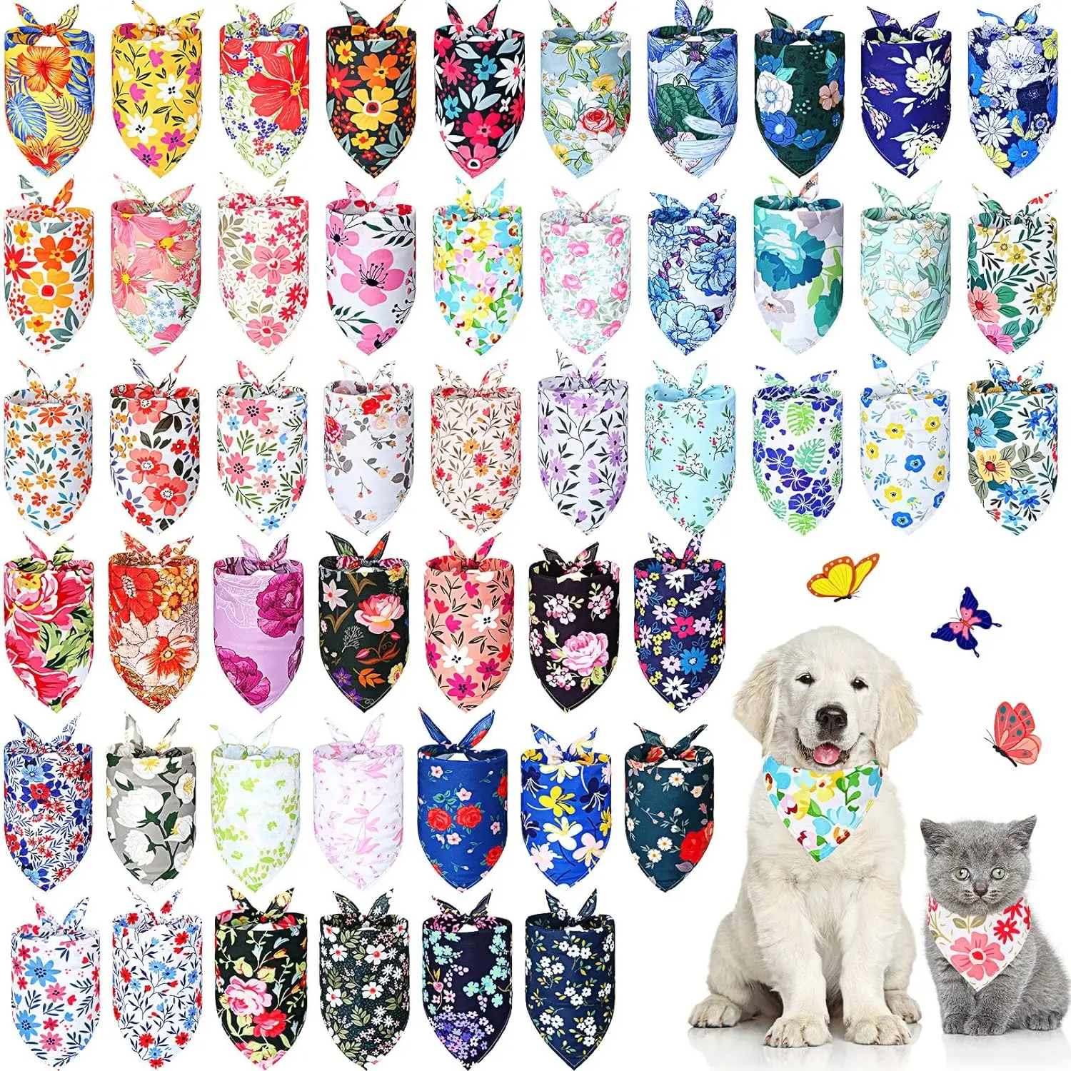 20Pack Flower Floral Dog Bandanas Spring Bee Polyester Triangle Dog Scarf with Flower Patterns for Small Medium Large Dog Pet