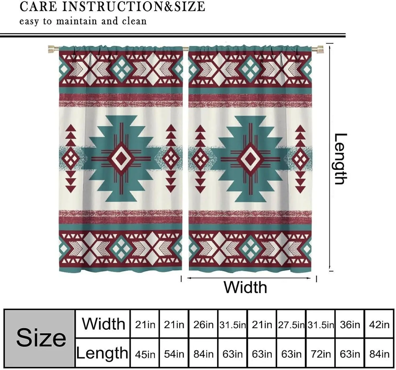 Western Tribal Pattern Curtains, Vintage Teal Maroon Aztec Triangle Diamond Geometric Drapes Rustic Country Home Interior Decor