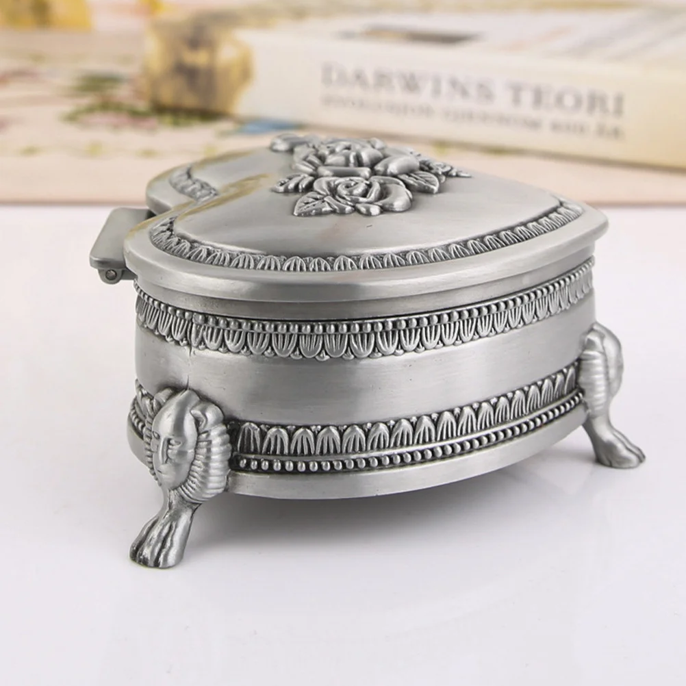 

Vintage Heart Shape Jewelry Storage Box Alloy Metal Trinket Case for Ring Ear Studs Desktop Decoration Flocking Lined