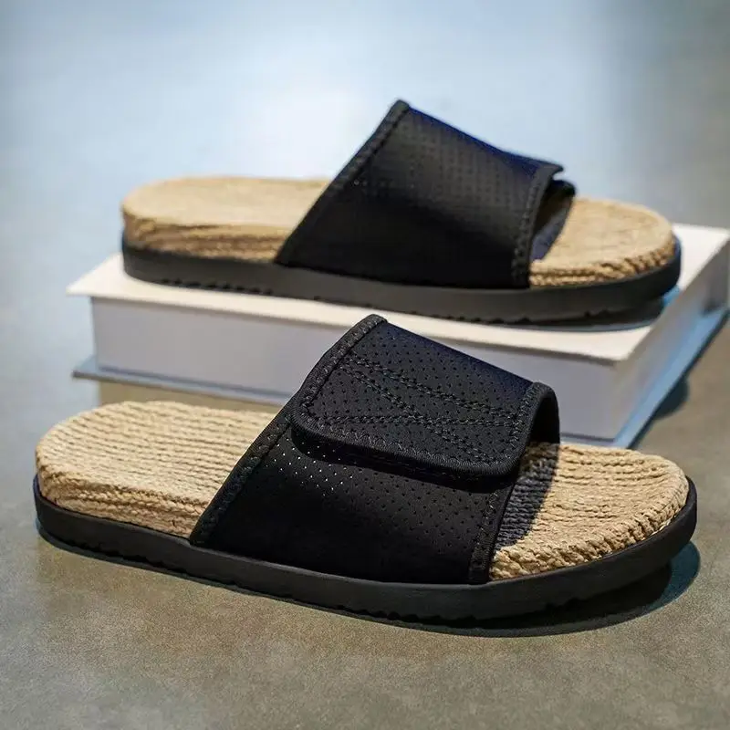 2026 Men's deodorizing linen slippers outdoor anti-slip sweat-absorbing comfortable soft-soled personalized casual sandals