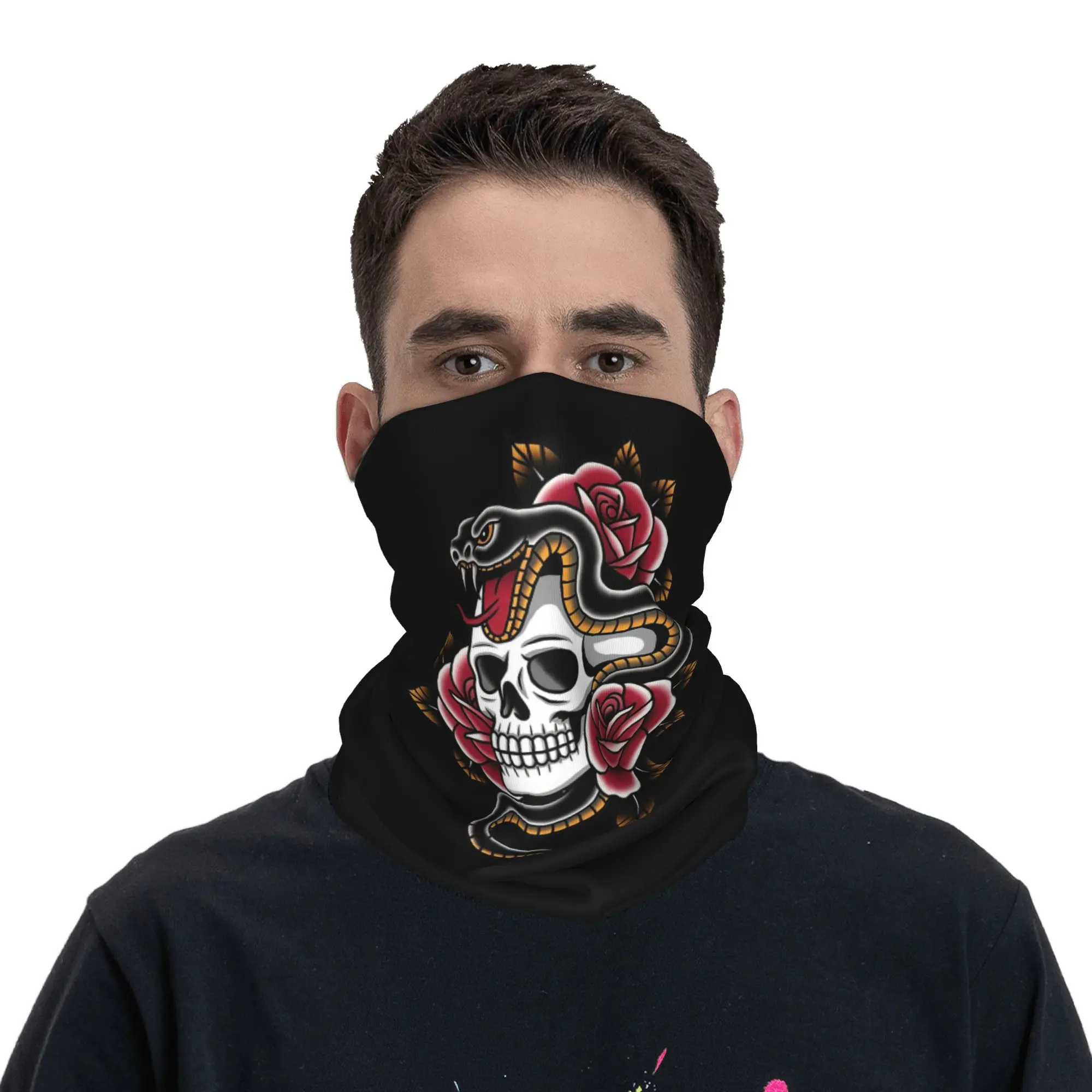 Skull Snake and Roses Printed Bandana Neck Cover Printed Magic Scarf Multi-use Headwear Hiking Fishing Unisex Adult