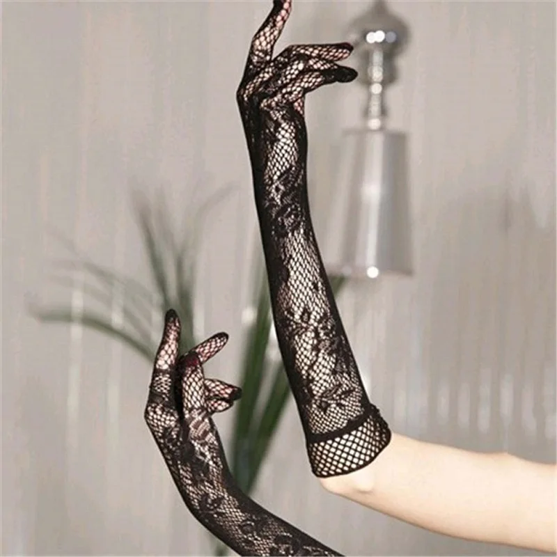 2024 Women Long Lace Gloves Print Hollow-Out Mesh Tulle Glove Spring Summer Thin Long Glove Club Prom Party Dancing Dress Gloves