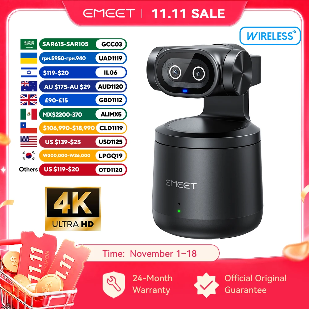 EMEET PIXY Wireless 4K Webcam Dual-Lens AI Tracking PTZ Streaming Camera Gesture Control HDR Live Streaming for YouTube/Facebook