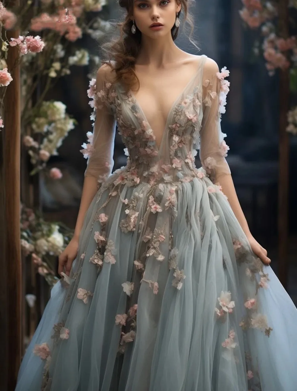 New Modern Gray Prom Party Dress 2026 3D Floral V Neck Tulle Floor Length Evening Birthday Formal Gowns Banquet Vestidos Feast