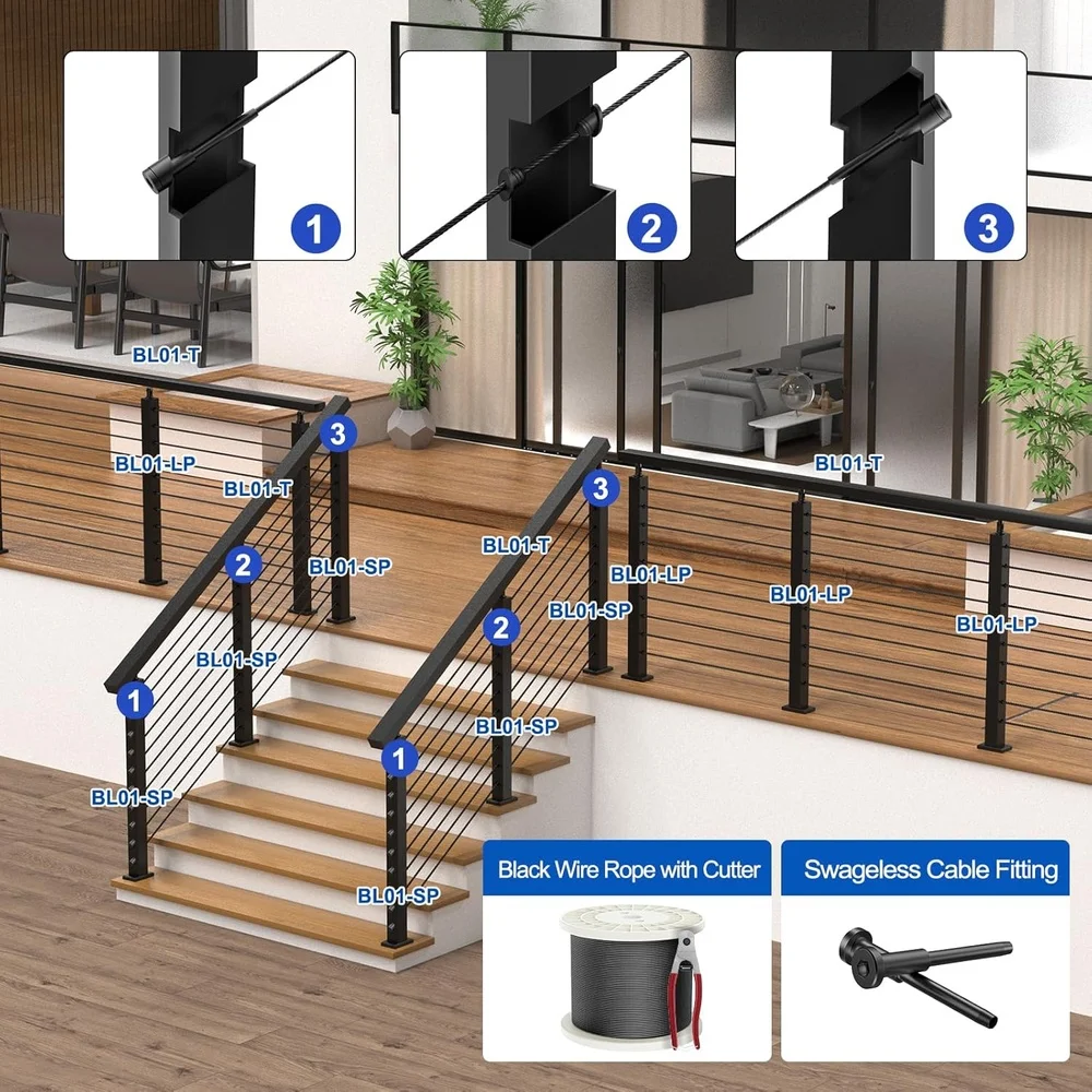 Complete 36" Stair Railing Post Kit T304 Stainless Steel Cable Railing System DIY Outdoor Indoor Installation Waterproof Durable
