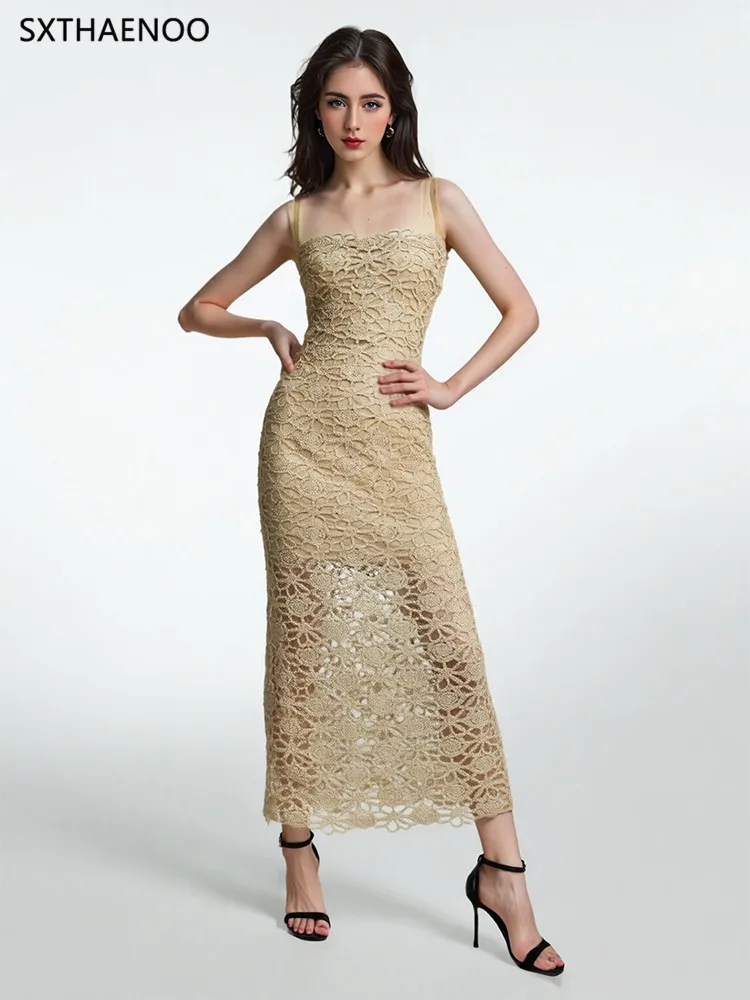 

Сексуальное длинное макси-платье SXTHAENOO с цветочной вышивкой на тонких бретелях, золотое, без рукавов, облегающее, для вечеринок, 2026