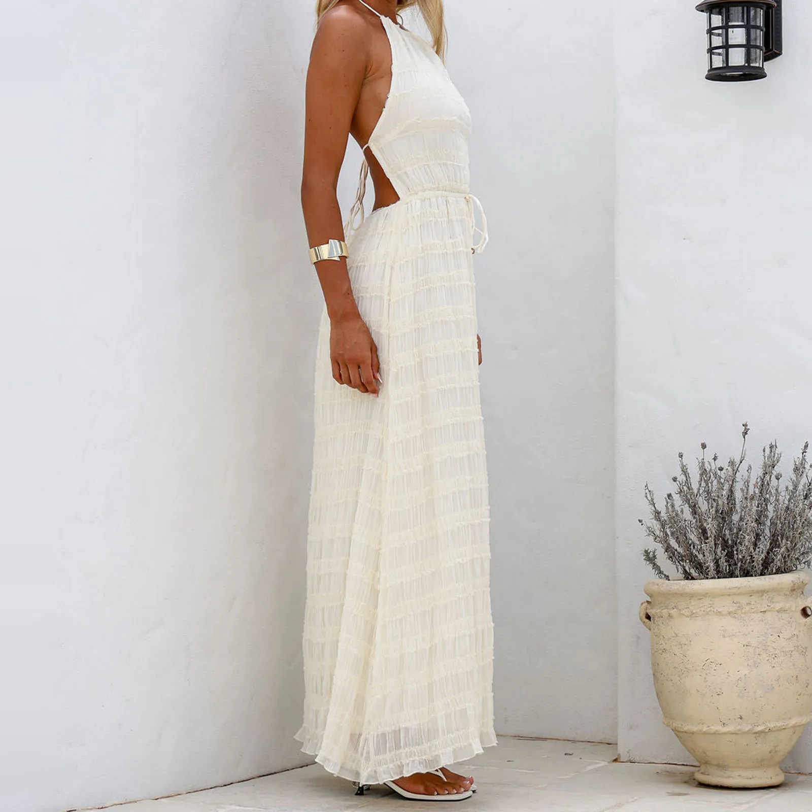 Combhasaki Women Lace-up Halter Neck Frill Layered Smocked Solid Drawstring Tied Belted Sleeveless Backless A-line Long Dress