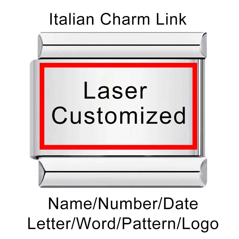 Simple 1pc Personalization Laser Customized Logo Name Message Italian Charm Link Fit 9/18mm Stainless Steel Bracelet DIY Beads