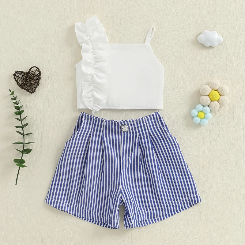 Kids Girls Fashion 2 Pieces Set Solid Color Frills Camisole with Striped Print Shorts Summer 2-piece Outfit