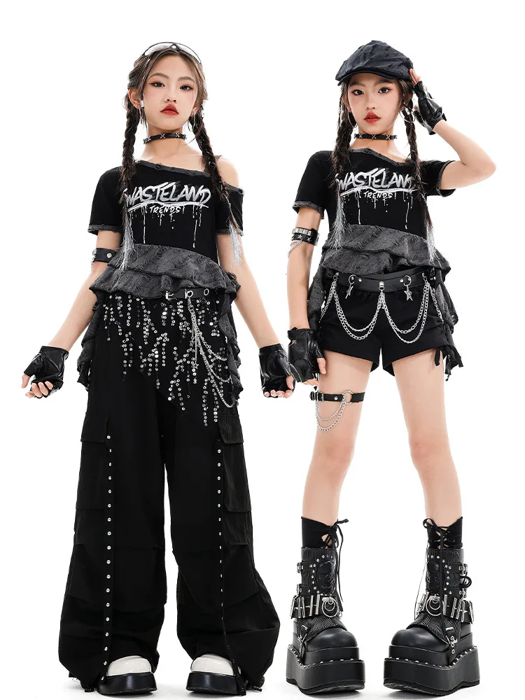 Girls Street Dance Clothes Slope-shoulder Top Baggy Pant Fashion Short Cheerleading Dance Performance Costume Group Hip Hop Suit