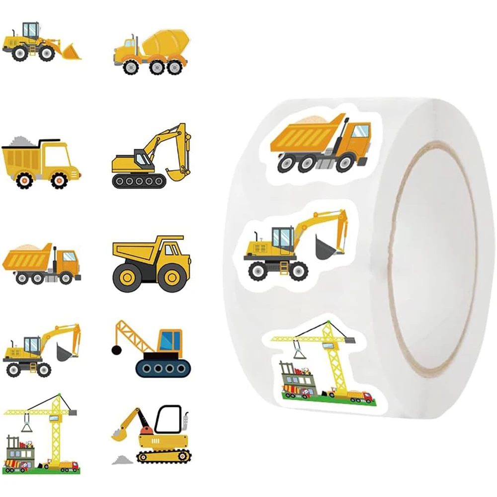 500PCS Construction Stickers Roll 10 Styles Envelope Seals Sticker Cartoon Truck Stickers for Kids Excavator Stickers Constructi image 2