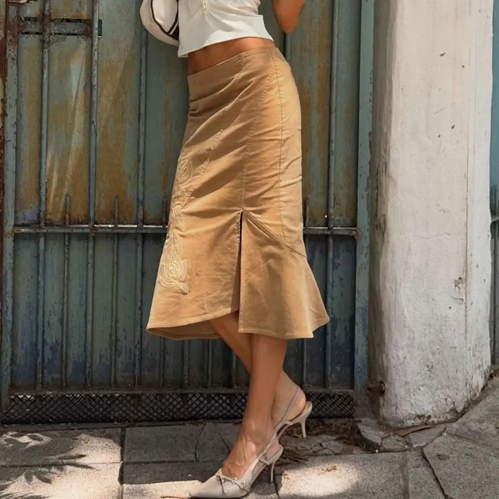 Vintage Stickerei Langer Rock mit Seitenschlitz Hohe Taille Midi-Rock Rüschen-Design Schlanke Passform Fishtail-Rock für Damen – Detail 7