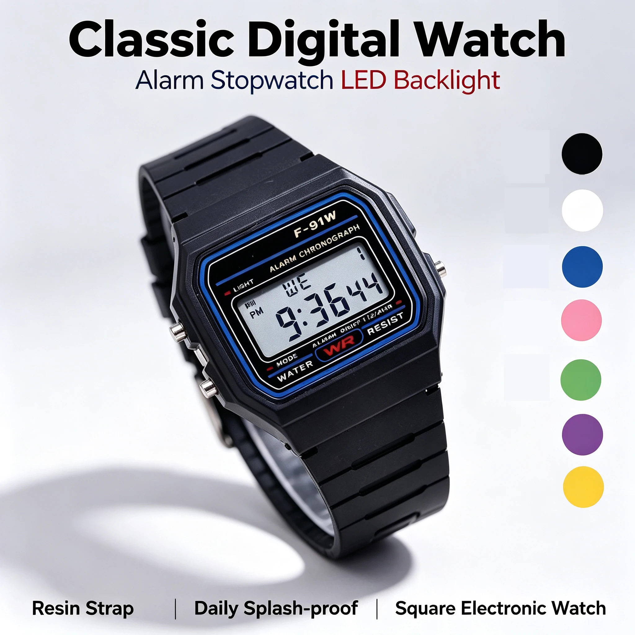 Square Digital Sports Watch Unisex Student Silicone Strap Alarm Stopwatch LED Backlight Multi Color Water Resistant Electronic