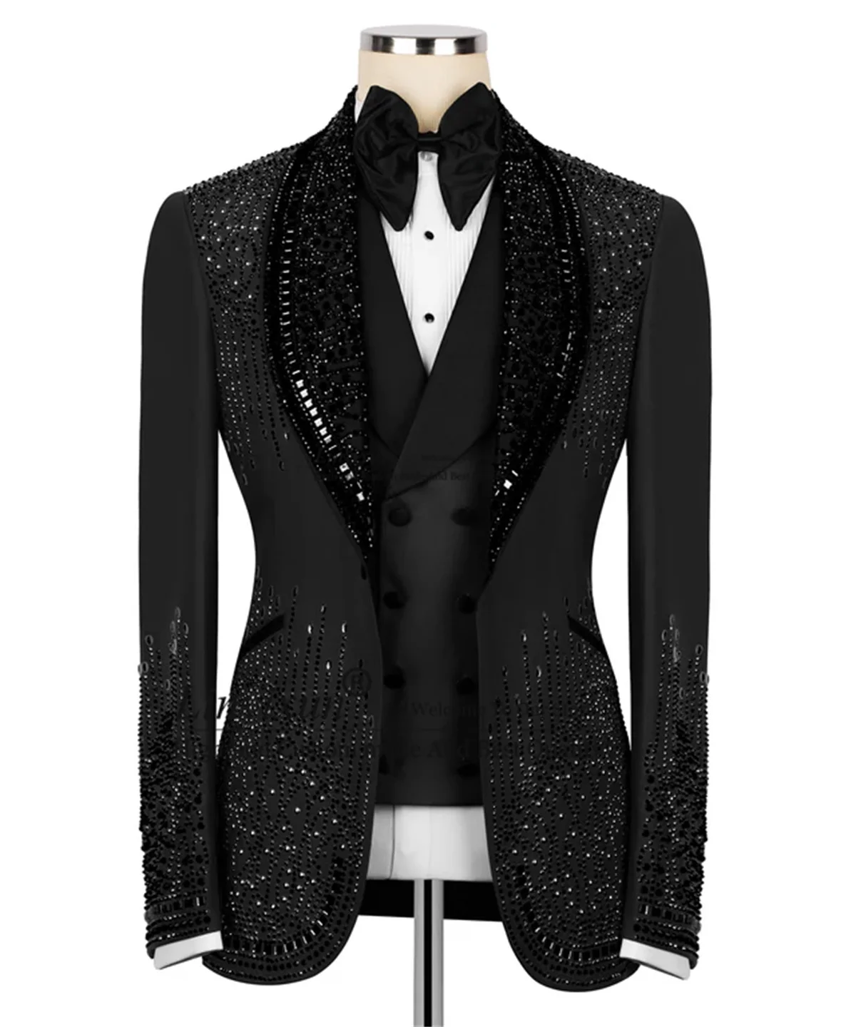 

Stunning Diamond Rhinestones Men Suits Customized 3 Pieces Sets Groom Tuxedos High End Wedding Party Ropa Blazer Costume Homme