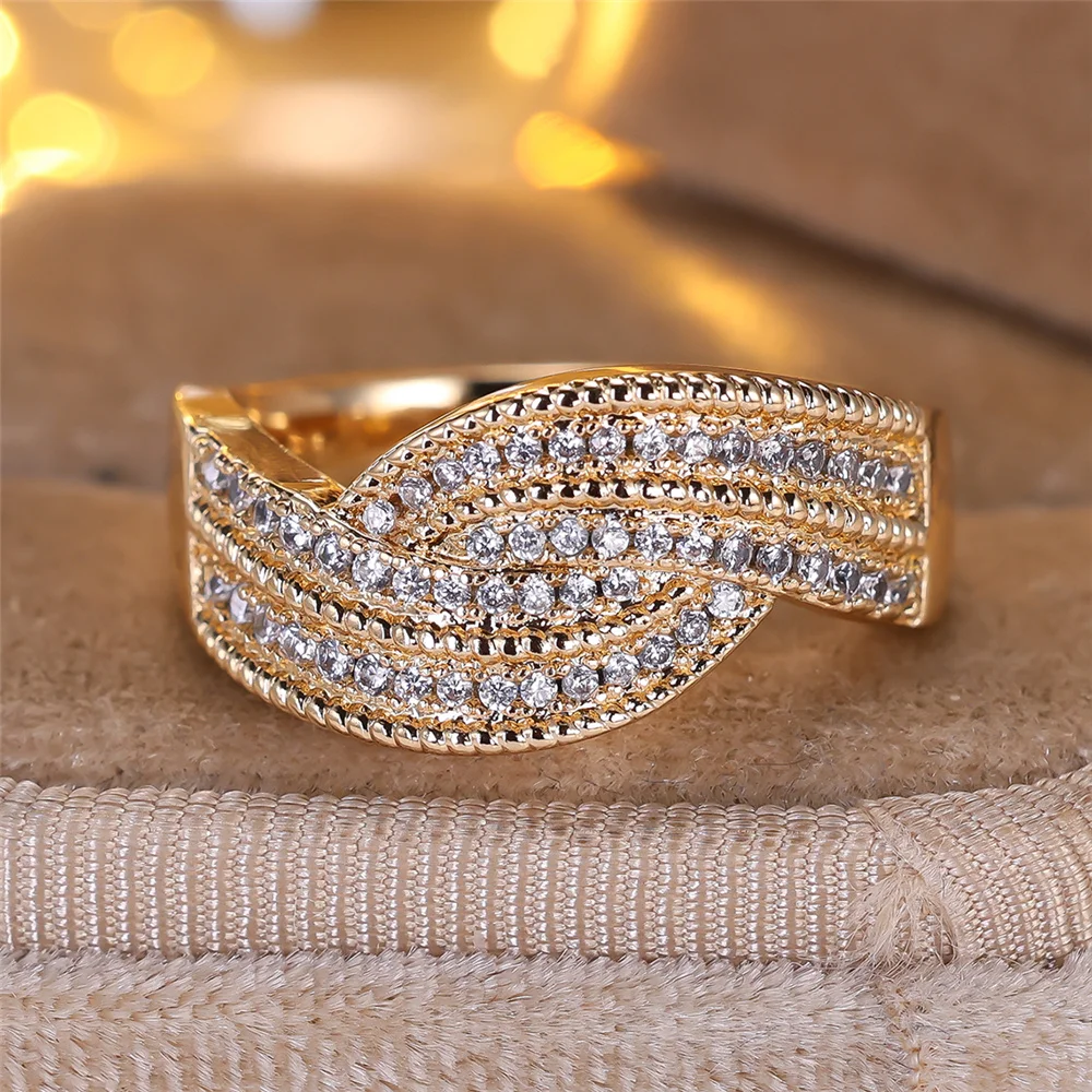 Cute Female Yellow Gold Color White Zircon Stone Wedding Jewelry Promise Love Engagement Rings For Women