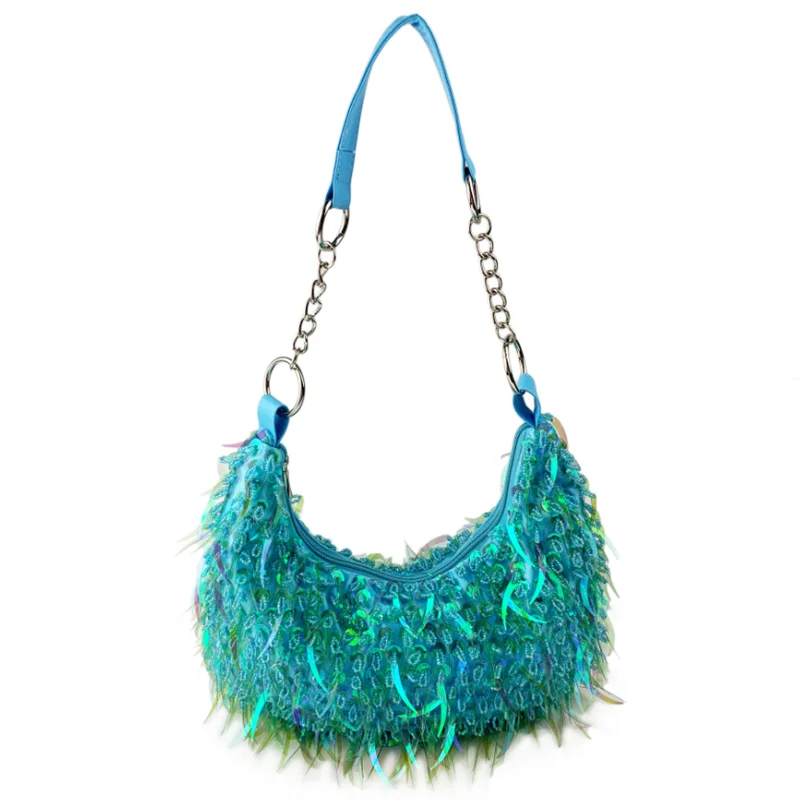 

2025 Luxury Full Handmade Beaded Sequin Tassel Underarm Bag New Fashion Crescent Bag Shiny Evening Clutch Bag Shoulder Bag