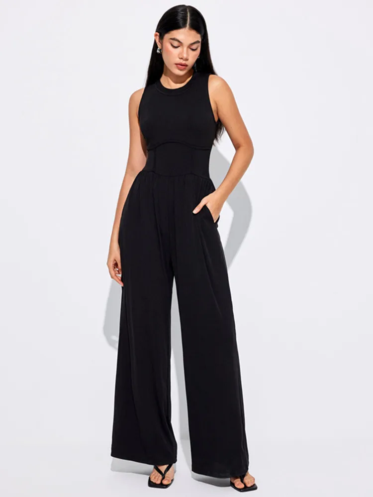 BKLD New 2024 Sexy Y2k Clothes High Waist Fishbone Fashion Knitted Jumpsuit One Pieces Solid Color Sleeveless Jumpsuits Women