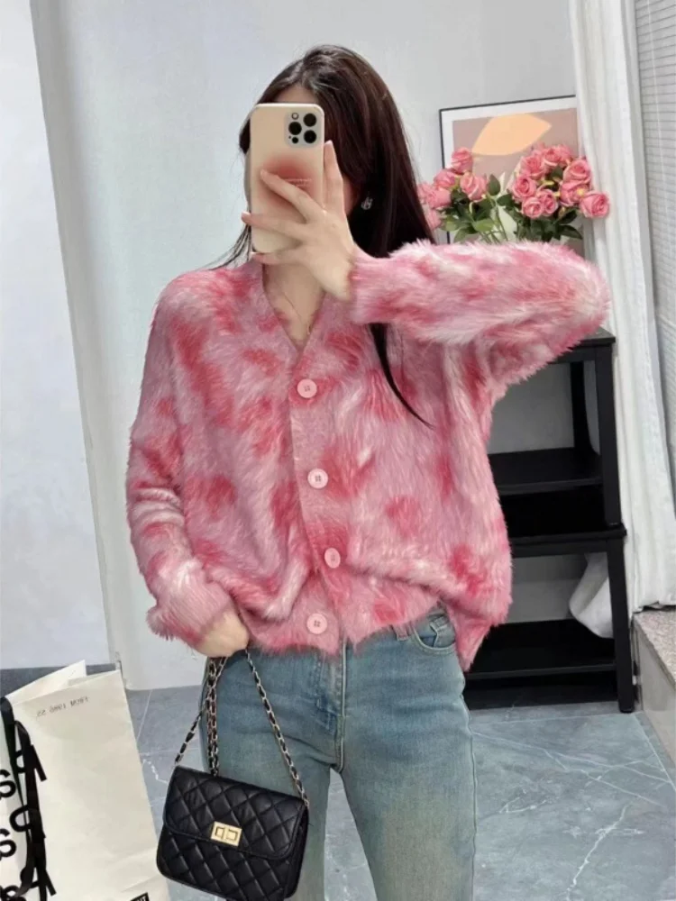 Korean Lazy Plush Knitted Cardigan Sweater Female Top 2024 Spring and Autumn Season Long Sleeve V Neck Soft Knit Sweater Female