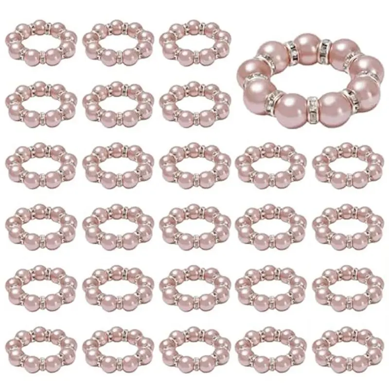 100Pcs Pearl Napkin Rings Stretched Pearl Beaded Napkin Holder Pearl Rhinestone Napkin Holder Buckles Dinner Table Ring-AT36