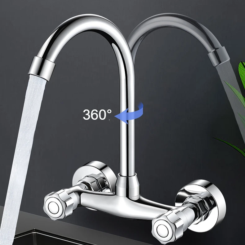 Wall Mounted Kitchen Mixer Tap Double Handle Kitchen Faucets Cold and Hot Water Tap 360 Rotation Sink Faucet Kitchen Accessories