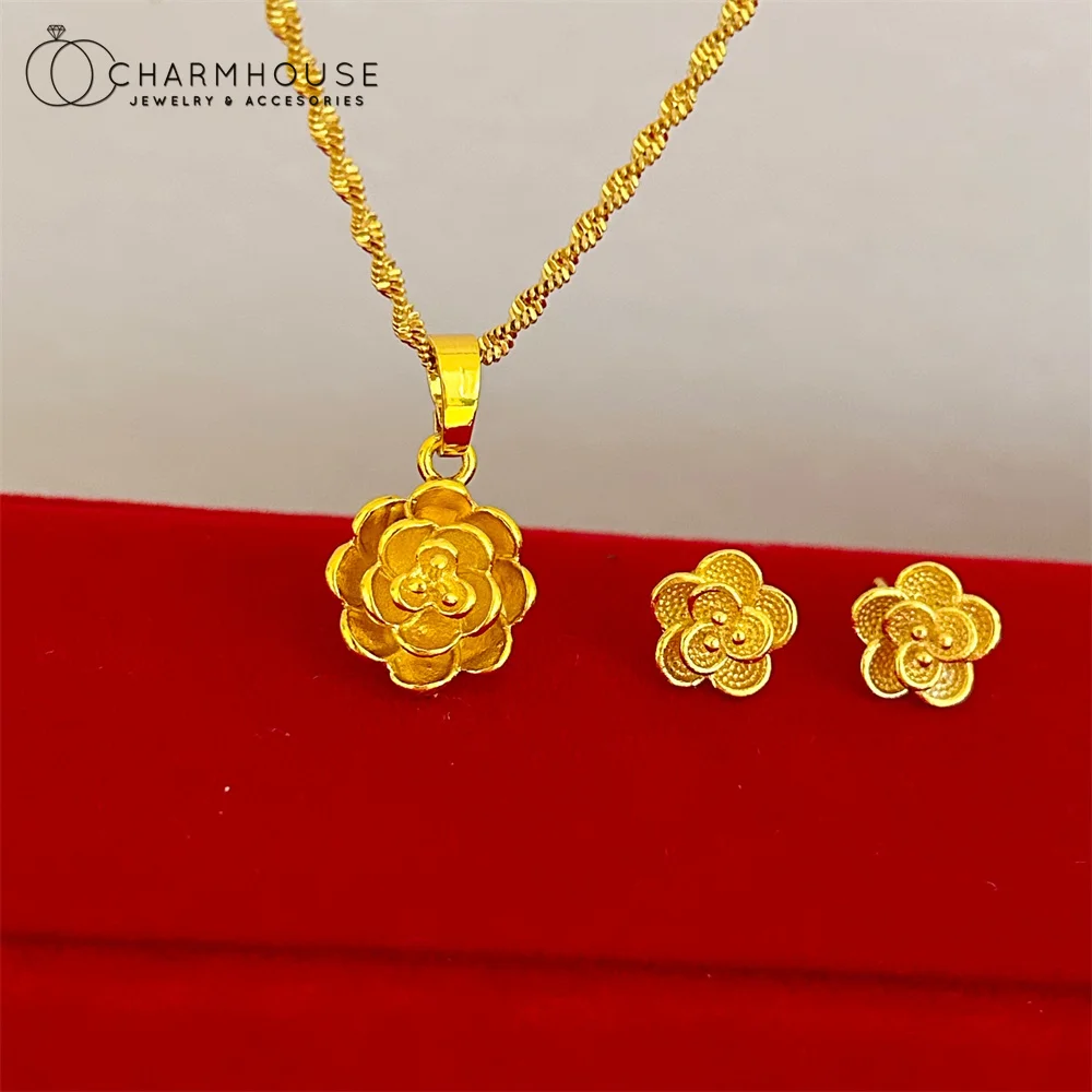 Gold Color Jewelry Sets for Women Cute Flower Stud Earrings Necklace 2pcs Set Wedding Jewellery Accessories Party Gifts Bijoux