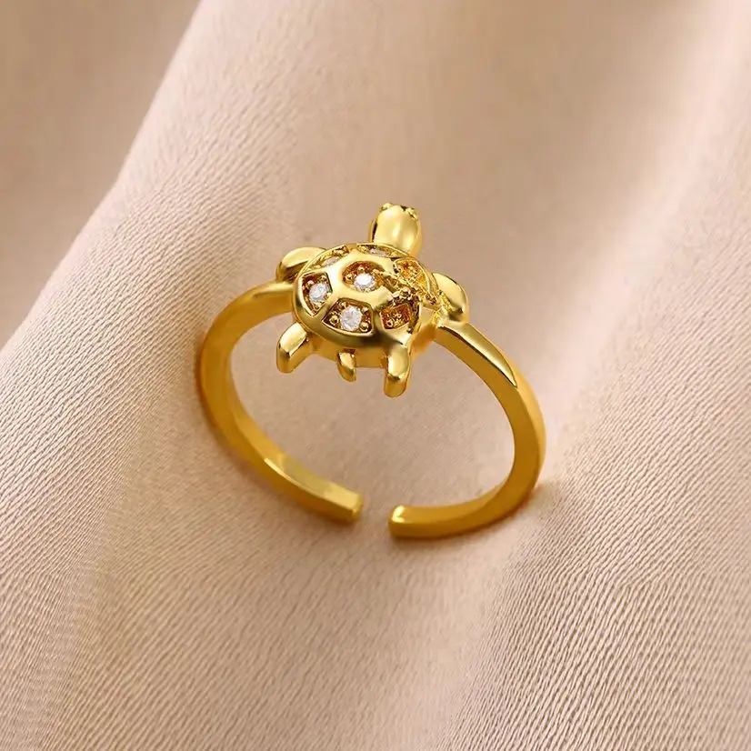 Cute Zircon Turtle Starfish Rings for Women Gold Color Adjustable Opening Tortoise Ring Jewelry Beach Gift Wholesale