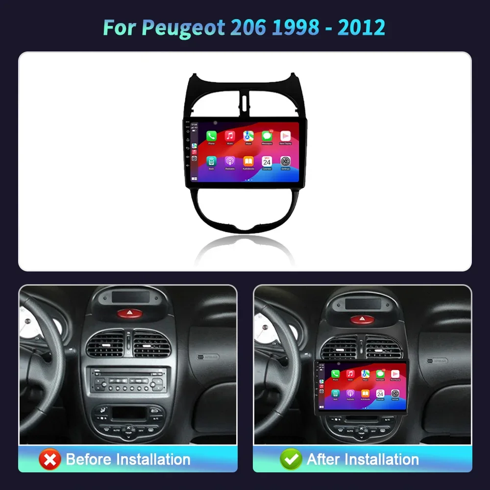 Nawigacja multimedialna Android 14 Bezprzewodowy ekran stereo Carplay Radio samochodowe dla Peugeot 206 1998-2012