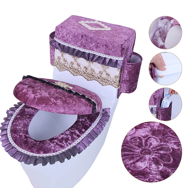 

Gold Diamond Velvet With Pockets Non-pilling Toilet Seat Protector Plush European Style Toilet Tank Cover With Lace Trim Side