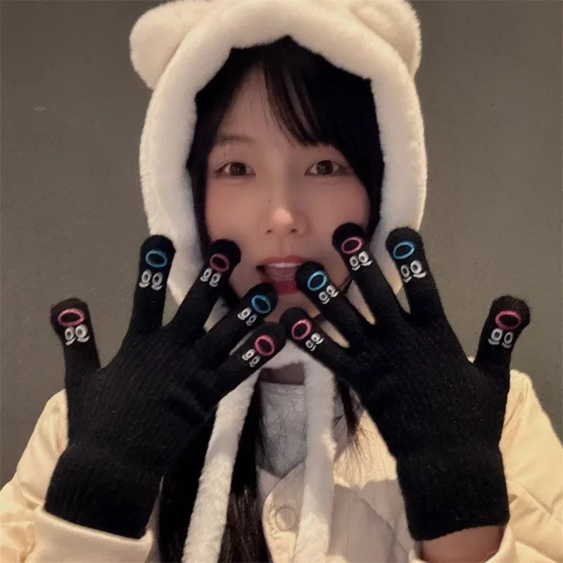 Guanti con facce carine Cinque dita per ragazze Guanti invernali caldi lavorati a maglia addensati in stile coreano adorabili Guanti touchscreen per esterni