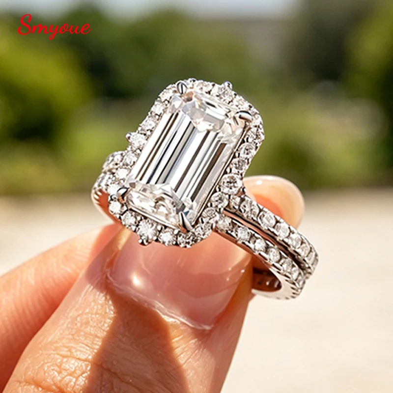 Smyoue Certified Rectangle Cut Moissanite Bridal Rings Sets for Women 2pcs Wedding Promise Stackable Band S925 Sterling Silver