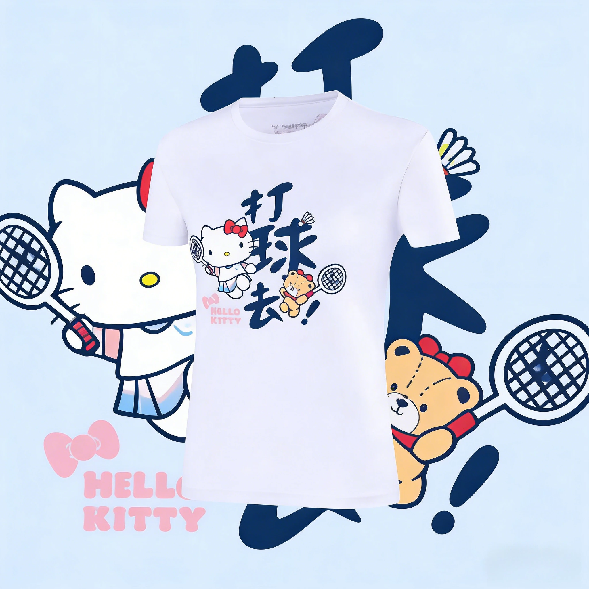 

Летняя футболка оверсайз 2026 года с принтом Hello Kitty и тематикой бадминтона, 100% хлопок, свободный крой, для взрослых, детей и родителей