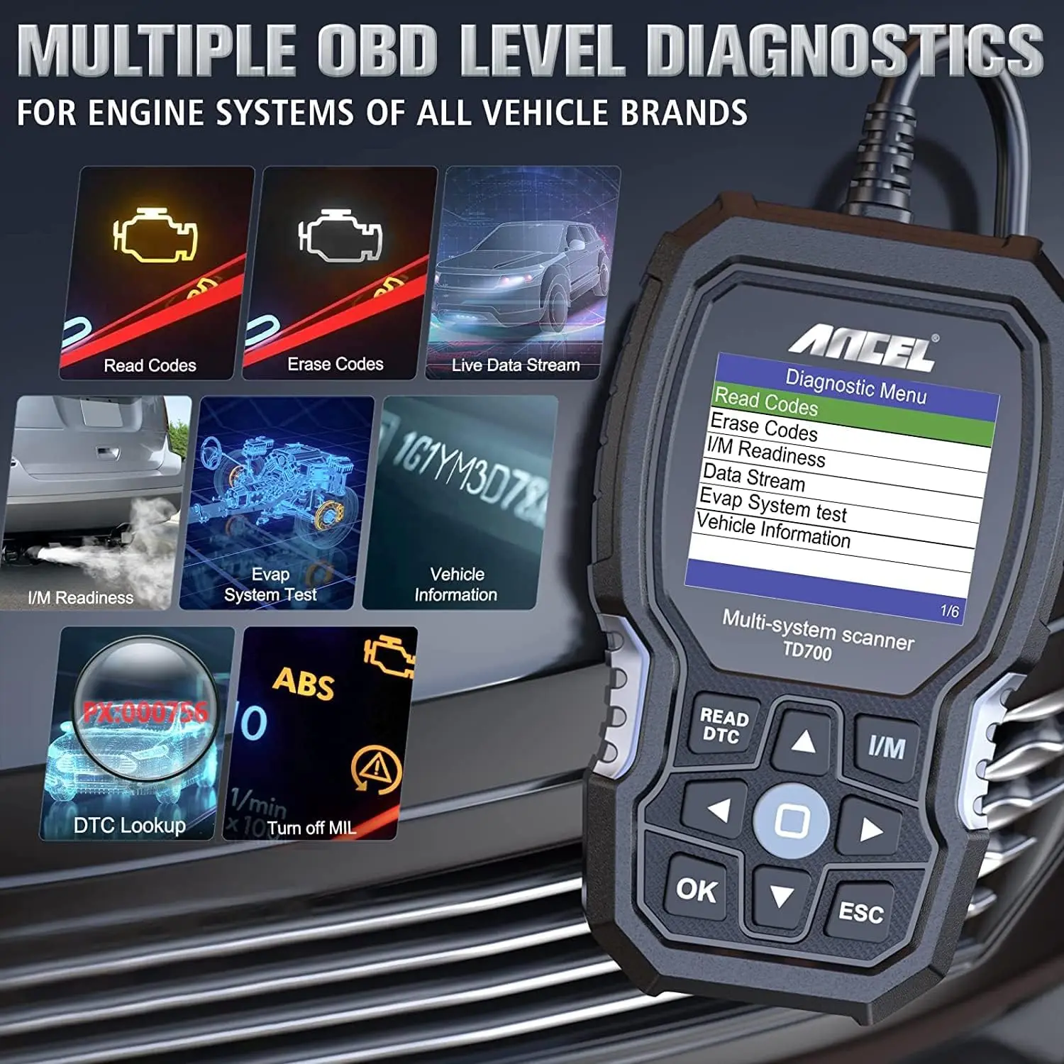 ANCEL TD700 OBD2 Scanner Car Diagnostic Scan Tool Toyota All System Code Reader Transmission Fluid Temperature TPMS Relearn ABS