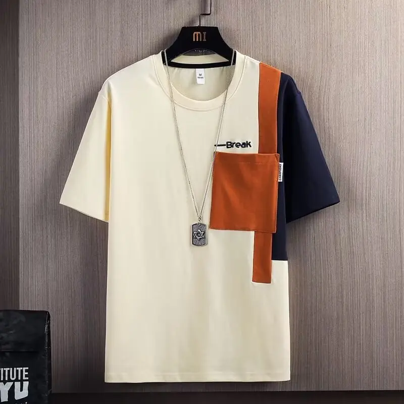 Contrast Color Stitching Short-Sleeved T-Shirt Men's Summer New Loose Fashion Trend Casual Five-Point Sleeve Top