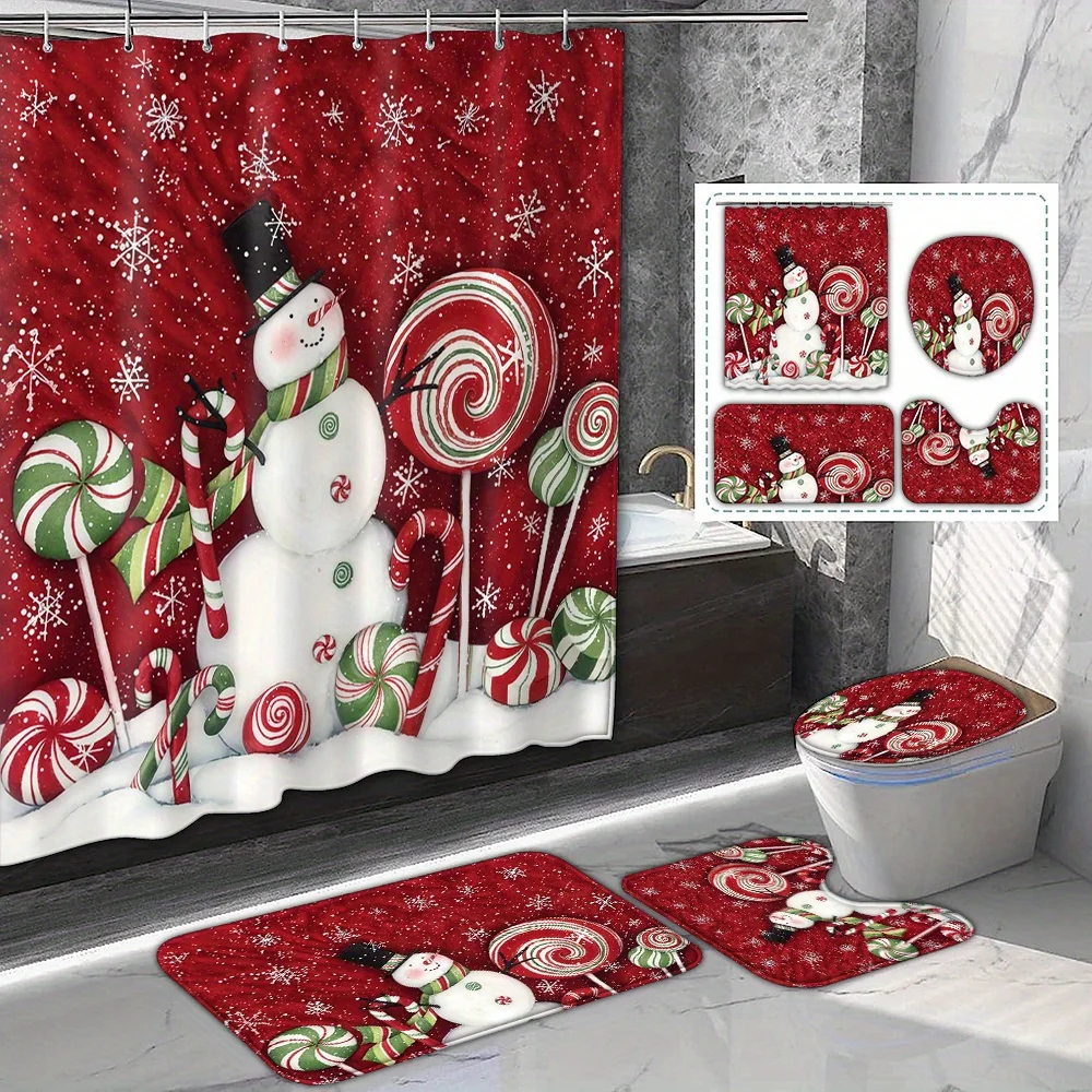 

4Pcs Snowman Candy Shower Curtain Set, with Hook Non-Slip U-Shaped Toilet Seat Cover, Bathroom Accessories, Christmas Decoration