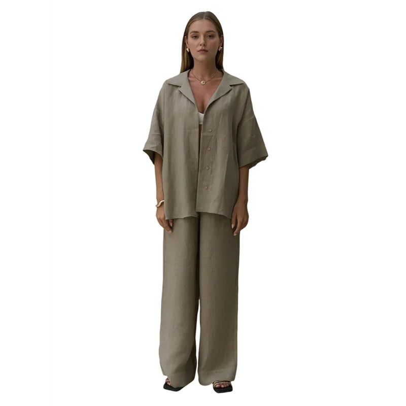 A09P Conjunto de 2 piezas para mujer, color sólido, manga larga, pantalones de lino, traje, camisa, chándal de pierna ancha, pantalones rectos informales