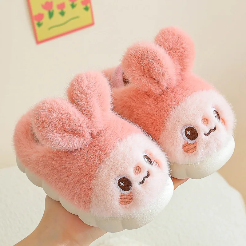 Winter Rabbit Cartoon Children\'s Slippers Cute Bear Warm Plush Slippers For Kids Soft Bottom Floor Boys Girls Winter Shoes