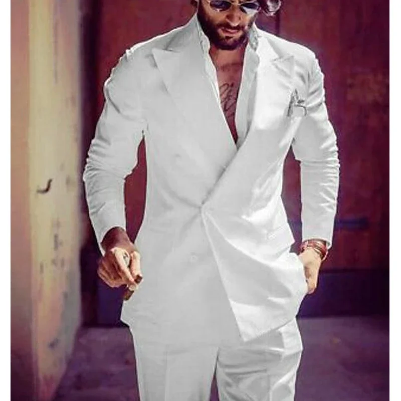 Men Suits Slim Fit Double Breasted Wedding Tuxedo For Groom 2 Piece White Formal Style Male Fashion Jacket With Pants 2024