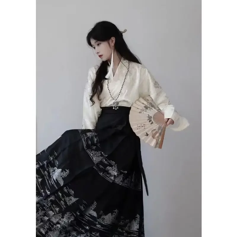 Terno chinês hanfu para mulheres, jacquard branco, camisa de manga comprida, saia preta de cavalo, vestidos de fadas, verão