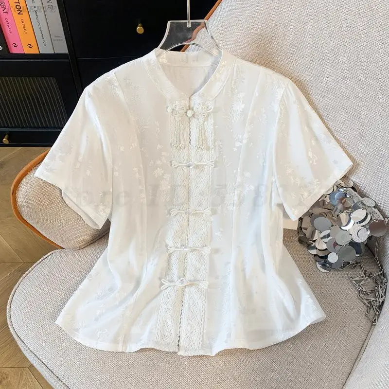 

Chinese Tradition Shirt Women Jacquard Blouse Loose Cheongsam Top Summer Short Sleeves Shirts Women Hanfu Tang Clothes Tops
