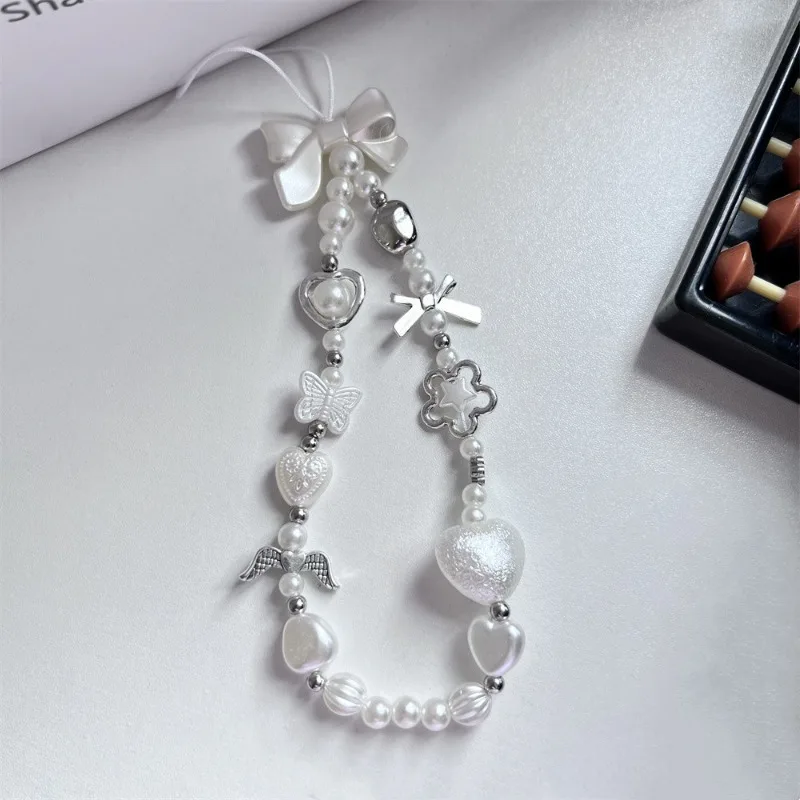 Beaded Phone Chain Charm Lanyard for iPhone Samsung, Cute Baroque White Bow, Flower Charm, Universal Accessories Jewelry Pendant