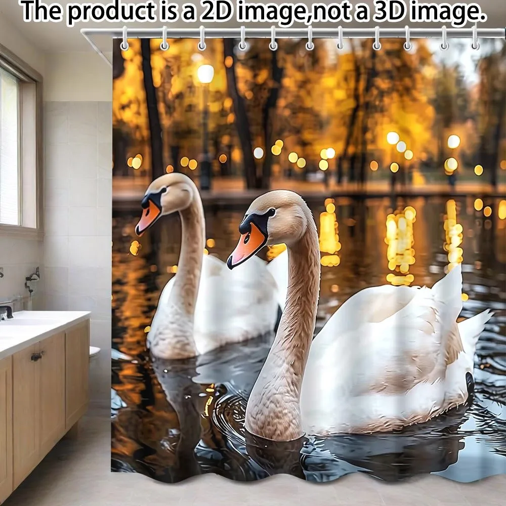 

Romantic Swan Couple Shower Curtain Waterproof Easy to Clean Privacy Protection Print Autumn Lake Scene Nature Art HooksIncluded