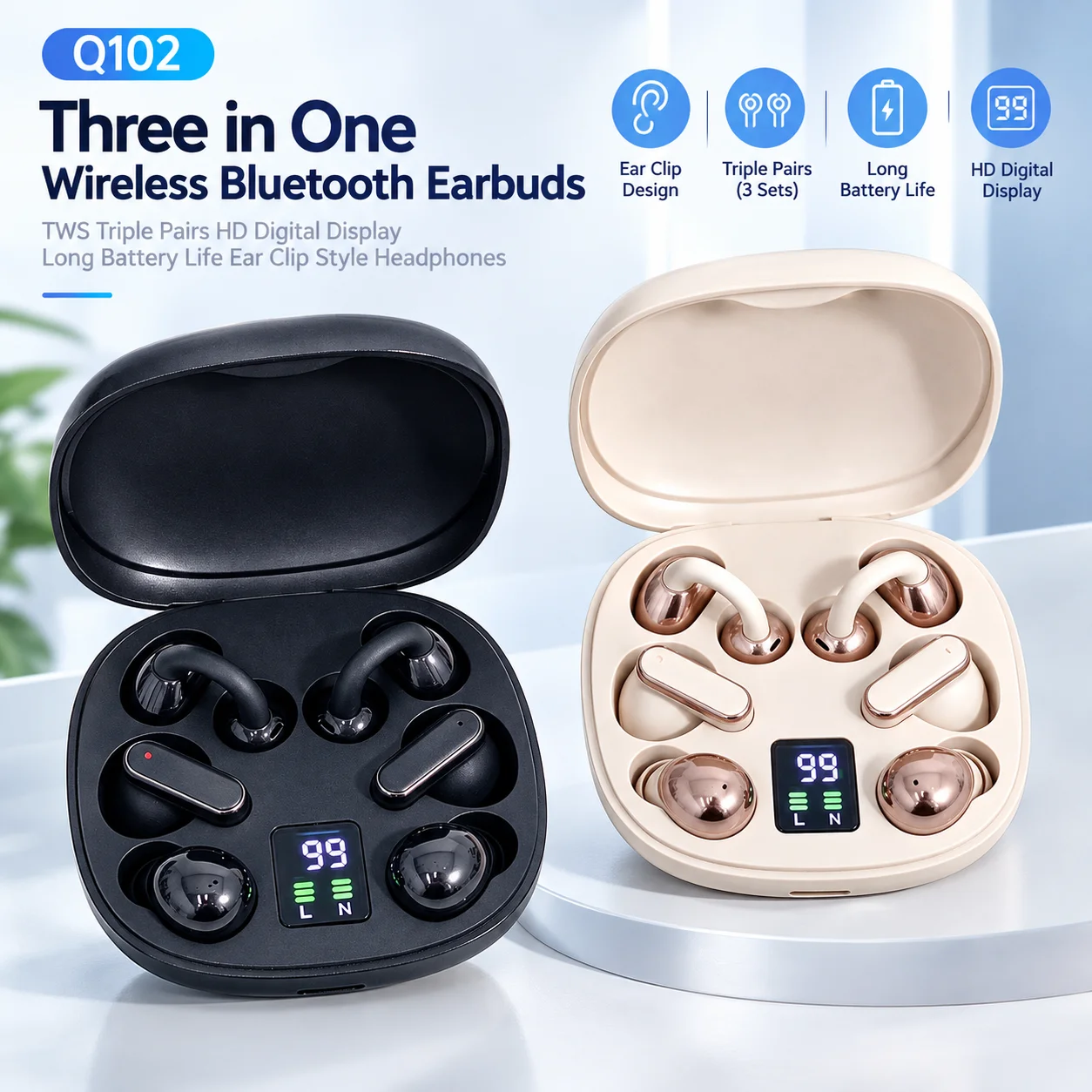 Q102 Three in One Wireless Bluetooth Earbuds TWS Triple Pairs HD Digital Display Long Battery Life Ear Clip Style Headphones