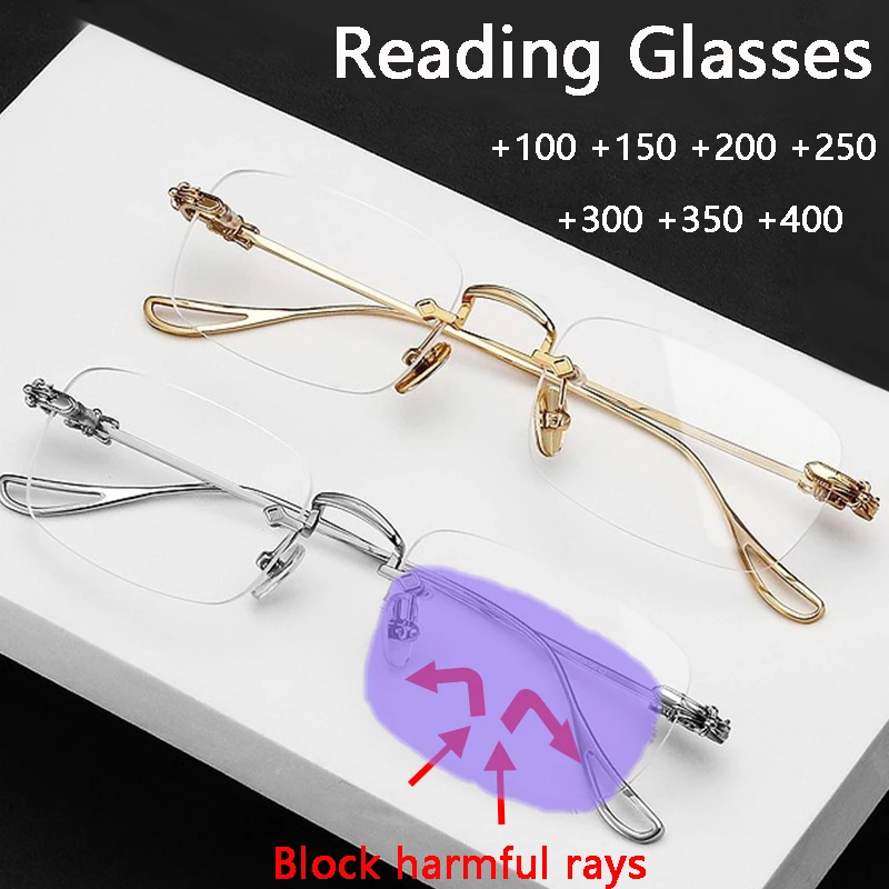 

Fashion Luxury Rimless Reading Glasses Men Anti Blue Light Optical Eyeglass TR90 Ultralight Anti-fatigue Computer Reader Glasses