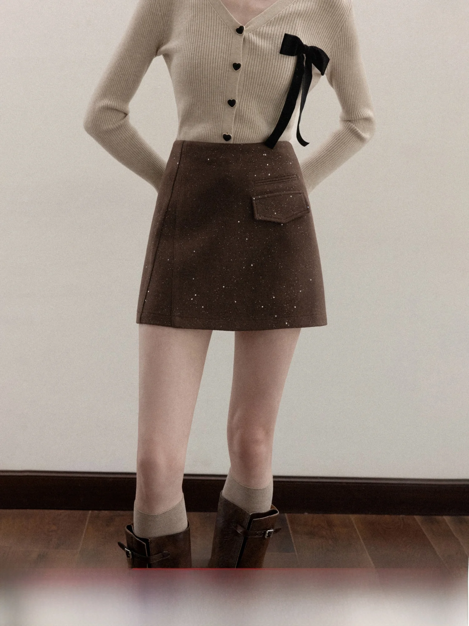 Hochgeschnittener A-Linien Wollrock Damen Herbst Winter Mode Paillettenröcke Lässige Atmungsaktive Polyester-Mischung Röcke